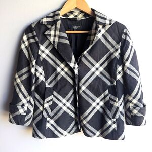 Talbots Petite Women's Single Button black & cream Plaid Jacket Sz 8P 3/4 sleeve